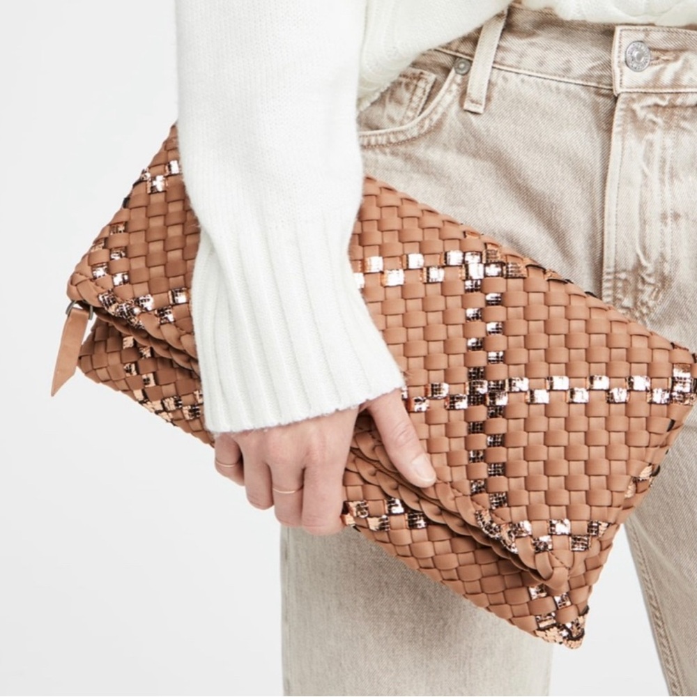 Naghedi NYC Ibiza Clutch Fold Over Woven Bag in Brown Sugar One Size